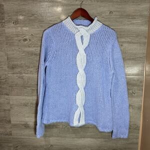 LL BEAN Vintage Blue chunky knit mock neck mohair wool blend sweater SZ Large